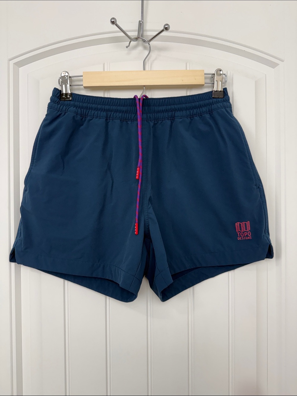 Topo Designs Navy/Green Athletic Shorts with Pink Drawstring XS